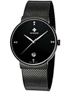 Souarts Herren Edelstahl Wasserdicht Einfach Stil Casual Analoge Quarzuhr mit Kalender Schwarz