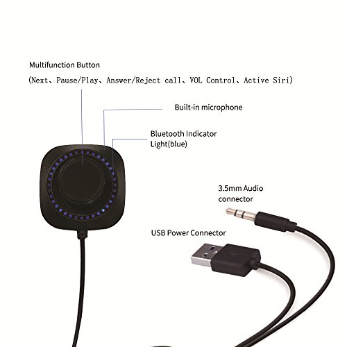 IKOS-Bluetooth-Car-Kit-41-Bluetooth-to-AUX-Music-Receiver-Audio-Radio-Adapter-with-35mm-Output-Jack-A2DP-Car-Stereo-AUX-Input-Microphone-Car-Handsfree-Calling-iPhone-Siri-Active-Volume-Control