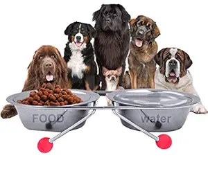 The DDS Store Double Diner Pet Bowls Cups, Stainless Steel Food Water Bowls Bunny Feeder Coop Cups with Non Slip Feeding Station for Dogs Cats Rabbit (2 X 400 ML (Small))