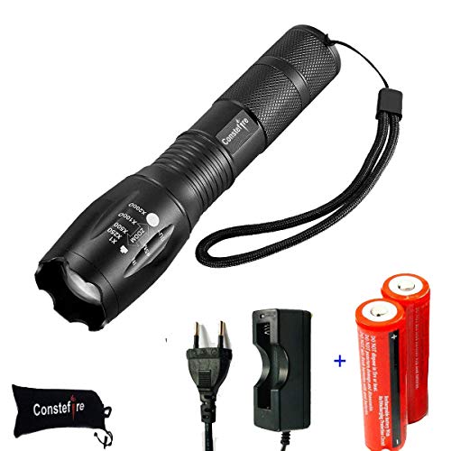 Torcia elettrica XML T6 Torcia LED Fuoco Regolabile,(1200lm; Impermeabile IPX5;5 modalità,); 2 x 18650 batteria Ricaricabile 3.7 Volt 3000 mAh e Caricabatteria Incluse &Mini Torcia Chiave Portatile.