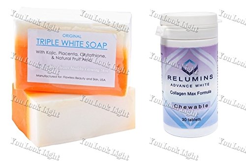 (GC3) Kojic Acid, Placenta, & Glutathione Triple White Soap + Relumins Advanced White Collagen Max Formula - Chewable - Fimrs, Whitens, Repairs & Rejuvenates Skin