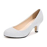 Deslizamiento, punta redonda OCHENTA Mujer Cabeza Redonda Gatito talón Vestido Bombas de Trabajo Silver Glitter 36