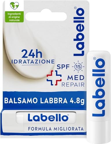 Labello Med Repair 4.8 g, Burrocacao labbra idratante e nutriente, Balsamo labbra riparatore con vitamina E e oli naturali, Burrocacao protezione solare SPF 15