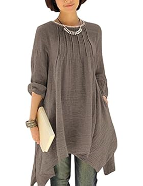 BIUBIU Damen Vintage Langarm Loose Kleid Boho Taschen Asymmetrisch Kleider DE 34-46