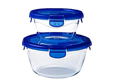 Pyrex® - Cook & Go - Lot de 2 boîtes de conservation en verre rondes avec couvercles hermétiques et étanches (0.7L, 1.6L) - Sans BPA