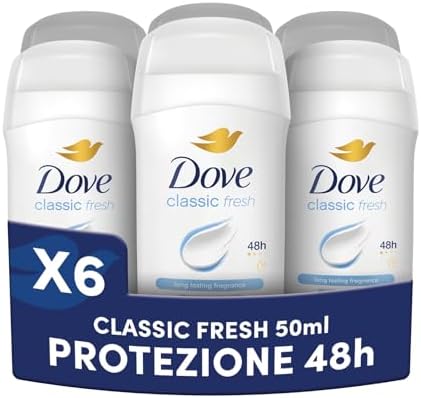 Dove Deodorante Stick, Classic Care, Deodorante Antitraspirante in Stick, Protezione Fino a 48 Ore, con 1/4 di Crema Idratante, Formula Delicata, Deodorante Uomo e Donna, 6 Pezzi da 50 ml