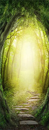Türtapete XL 80×210 cm ! Premium Vliesleinwand mit Samt Haptik! Fototapete Tapete Türpanel Türposter Tür Foto Bild Design Bäume Weg Natur grün gelb c-B-0197-a-d - 2