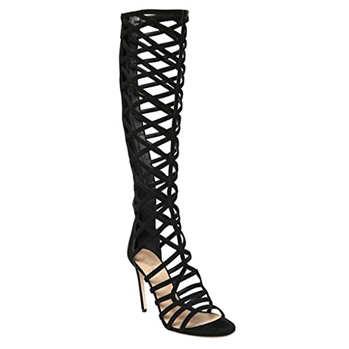 LYY.YY Bottes À Lanières Romaines À Haut Genou Escarpins À Talons Hauts en Daim Noir Zippé Chaussures Femme Chaussures À Talon Creux (Hauteur du Talon: 11-13Cm),Black,44