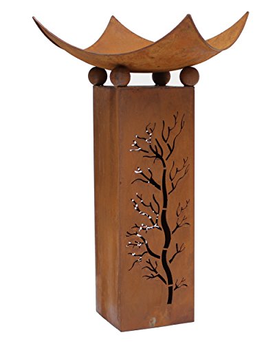 Frank Flechtwaren, 229513: Metall-Deko-Säule ‚Feuerschale‘ (2-teilig) lackiert in schimmerndem Braunton mit trendiger Rost-Optik und aufwändiger Baumausstanzung (Gesamthöhe: 75cm) - 2