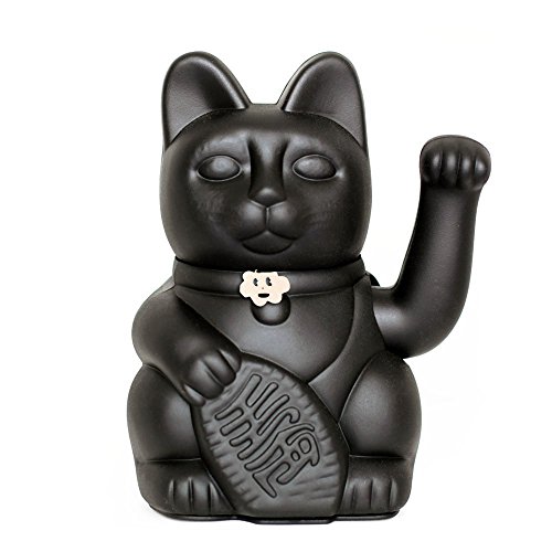 Gatete. El clásico Gato de la Suerte o la Fortuna o Maneki-Neko en divertidos colores. NEGRO: "Evita la mala suerte. Atrae la felicidad." 10x6x15cm.