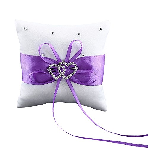 Bluelans® Hochzeit Ringkissen Lila mit Schöne Satinband und Doppel Herz Kristall Strass 10cmx10cm (Lila)
