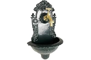 Fontaine de Jardin de Charme Murale Source Fonte Patinée Verte avec Robinet Fonctionnel en Laiton 14x25x40cm