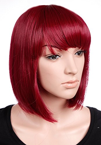 S-noilite Classy Bob Full Wigs Neat Fringe Style Charm Red Heat Resistant Hair Wig Elegant Lady Dress