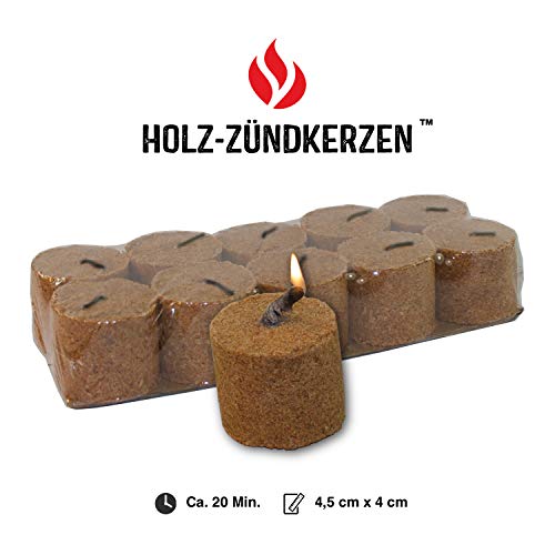 HOLZ-ZÜNDKERZEN- (50x) Kamin-anzünder | Ofen-anzünder | Grill-anzünder | Brennholz-anzünder | Holzkohle | Briketts | Kaminholz | natürlicher Anzünder Premium: Holz + Wachs + Docht | Top Qualität | lange Brenndauer 20min+