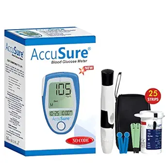 AccuSure Blue Blood Glucose Meter Contains Free 25 Strips