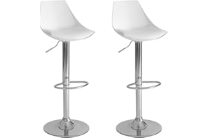 LOLAhome Set de 2 Taburetes Altos Cocina Giratorios en 360°, Juego de Sillas de Bar Regulables en Altura de 83 a 104 cm, con Respaldo, Material Polipiel, Estructura Metal y Reposapiés, Blancos