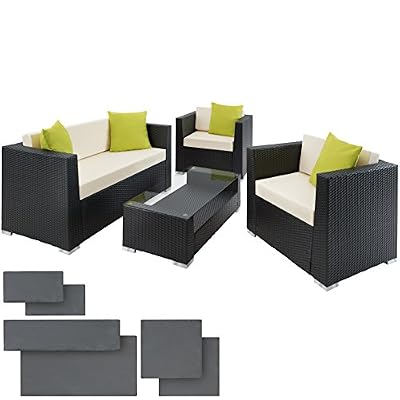 TecTake Salon de Jardin Résine Tressée Poly Rotin Aluminium noir+ 4 oreillers supplémentaires
