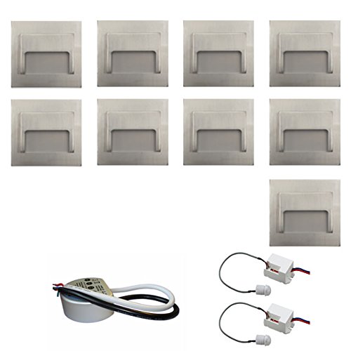 Preisvergleich Produktbild ONTARIO Treppenstrahler / Stahl / 12V DC / Nicht schwenkbar / 60mm FI-Steckdosen-Montage / 9-Stück-Set mit 20W 12V DC Netzteil und zwei 230V Bewegungssensoren (Silber gebürstet (Warmes Licht))