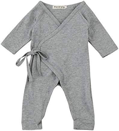 TIREOW Unisex Soft and Comfy Cute Casual Organic Cotton Solid Long Sleeve Romper with Wings Lacing Clothes Set For Newborn Infant Baby Boy Girls Gray White 2017 (90, GY)