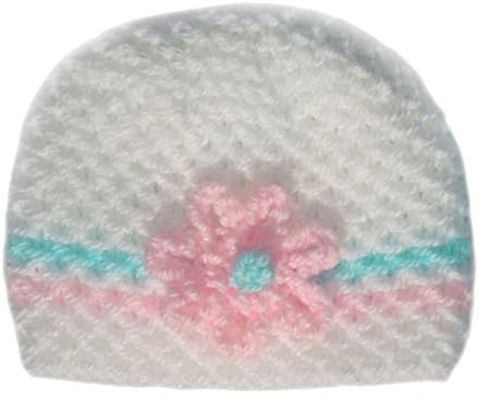 White / Mint / Pink Stripe Hand Knitted Baby Girl Flower Beanie Hats - Premature to Newborn 0-3 months (Small Baby 5-6 lbs, Pink / Mint Flower)
