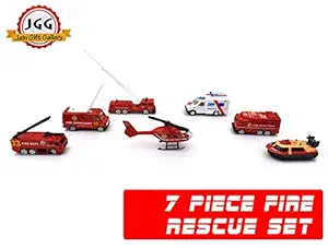 Jain Gift Gallery Metal Fire Fighter Helicopter Rescue Truck Engine Vehicle Toy for Kids - Set of 7 Pieces