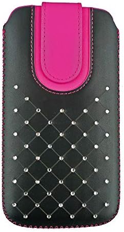 PU Leather Slide in Mobile Pouch Cover Sleeve Holder for Karbonn Titanium Octane Plus (Black/Hot Pink Gem Studded_4XL)
