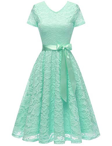 Bridesmay Robe Dentelle Femme Chic Printemps Eté Vintage Robe de soirée de Cocktail Robe de Demoiselle d'honneur Pin up Col en V Manches Courtes Mint L