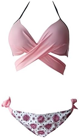 Lemon design Push Up Bikini Set Sexy Padded Swimsuit Candy Colourful Swimwear Strappy Tankinis Top Padded and Brief Bottom 2 Pieces S-2XL (Pink, S)