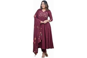 Sambhav Quilt Hub Women's Embroidered Anarkali Kurta and Pant Set with Printed Cotton Malmal Dupatta and Lace