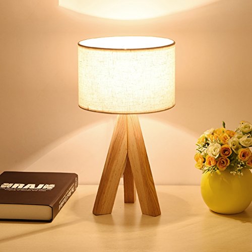 Great St. Simple Modern Solid Wood Table Lamp, Study Room LED Reading Lamp, Cloth Lamp Shade, Button Switch, Bedroom Bedside Decorative Lights FGD (Color : Linen)
