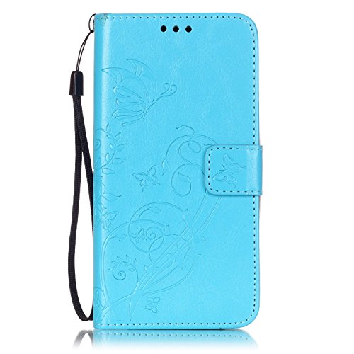 Wiko Rainbow Hülle,Wiko Rainbow 4G Ledertasche Brieftasche im BookStyle,SainCat PU Leder Wallet Case Folio Reliefprägung Schutzhülle Schmetterling Muster Hülle Braun Bumper Handytasche Skin Schale Soft Backcover Handy Tasche Flip Cover Buchstil Klapptasche in Lederoptik mit Standfunktion Karteneinschub und Magnetverschluß Etui Flip Case für Wiko Rainbow 4G (Blau)