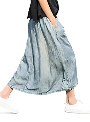 YOU.U 2017 NEW ARRIVAL Summer Casual Denim / Jeans Long Maxi Skirt Plissé, Baggy & Flare Style, 100% Lyocell Droopy Fabric, pratique Pocket latérale, Bouffant Style - Lumière Bleu Style A