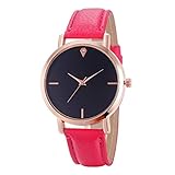 Luckhome Damenuhr Analoge Quarzwerk Uhren Ziffernblatt Rund Holzuhr Mit Leder Armband Frauen Mädchen Einfache Stil Quarz-Armbanduhr Dünne Lederband Lässige(Hot Pink)
