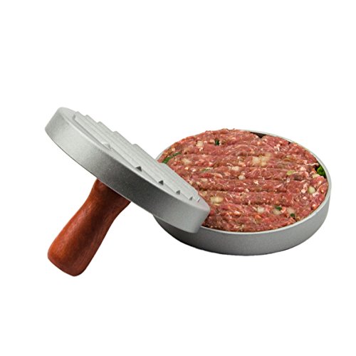 Burgerpresse mit Antihaftbeschichtung, gleichmäßig geformte Burger im Grill-Look, Party-Food, Aluminium-Guss , hochwertigem Holzknauf für hausgemachte, gleichmäßige Burger, Meat, Veggie - 6