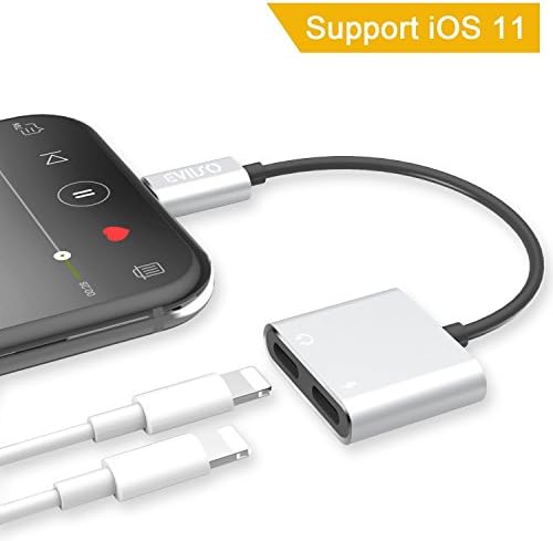 2 in 1 Lightning Adapter for iPhone X/ 8/ 8 Plus/ 7/ 7 Plus, EVIISO Dual Lightning Jack Headphone Aux Audio and Charger Adaptor Splitter [Support Music Control and Phone Call iOS 11] Silver