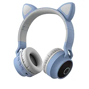 WK LIFE BORN TO LIVE Kids Headphones with Mic for Birthday Gift Girls Boys Cat Ear Bluetooth, Foldable LED Light Up Headphones Over On Ear for Online Learning School Blue