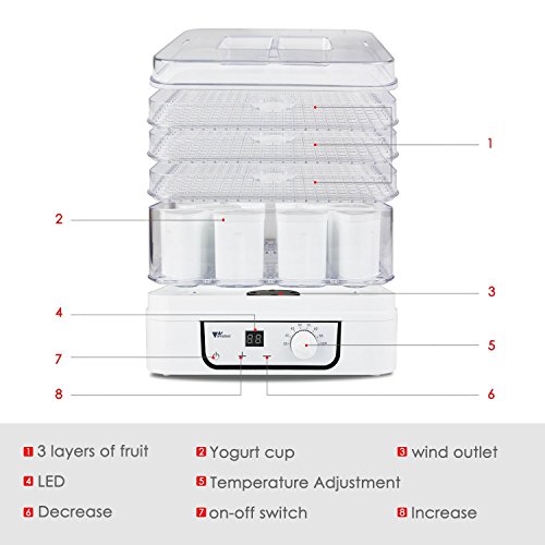 Amzdeal Dörrgerät 2 in 1 Dörrautomat mit Temperaturregler 35 -70℃ mit Timer bis 72 Stunden mit 3 Etagen Dehydratation und 1 Etagen für Joghurt mit 12 Tassen - 3