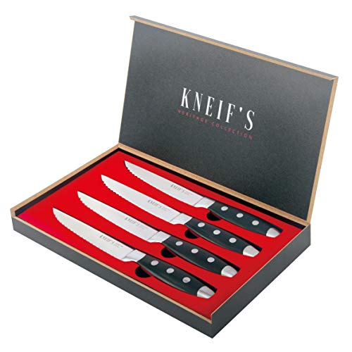 Kneifs Steakmesser Set 4-teilig | Deutscher Rostfreier Stahl | Holz Geschenkbox | Scharfe Messer Wellenschliff | Premium Griff Schwarz Rot - 6