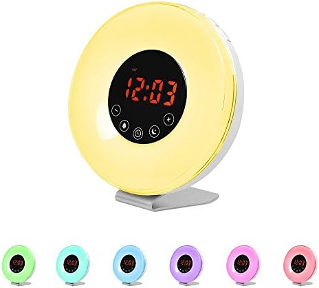 Wake Up Light, Chenci Sunrise Simulation Alarm Clock 7 colors Bedside Night Light with Sunset&amp;Snooze Function, Nature Sounds, 7 Alarm Sounds FM Radio, Touch Control and USB Charger