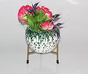 Elegant Crafts India Indoor Desk Planter or Flower Pot Free Standing with Rust Free Metal Stand Pack of 1 Width X Height 06X06 Inches (White and Green )
