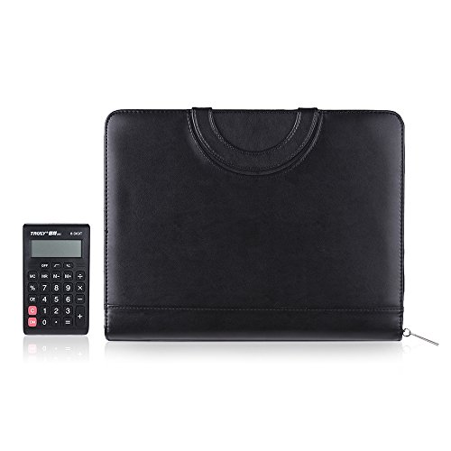 Preisvergleich Produktbild Aibecy PU Leder A4 Ultra Dünn Reißverschluss Dokumentmappe mit Taschenrechner und Magnetisch Griff, Portfolio Ordnungsmappe Ordner Papier Sammler Aktentasche Bürotasche für Geschäft Bürobedarf Schwarz