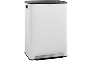 CASABEL Poubelle Tri Selectif 60L – Poubelle 2x30L avec Pédale, Acier INOX BLANC antitraces, Double Compartiments, Poubelle Cuisine, Bacs Amovibles, Poignées, Couvercles Silencieux, Anti Odeurs
