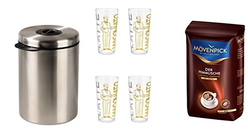 Preisvergleich Produktbild Mövenpick Der Himmlische Bohnen 500g + Xavax Kaffeedose für 1kg Kaffeebohnen, Tee, Kakao, mit Aromaverschluss, Edelstahldose, silber + 4 Latte Gläser