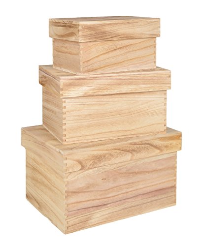 ts-ideen 3er Set Holzkisten mit Deckel dreiteilig Stapel-Box Holztruhen Aufbewahrungskiste Antik Shabby Vintage Holz-Kiste natur - 3