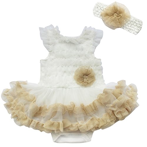 2pcs Infant Baby Girl Kids Headband+Romper Bodysuit Flower Tutu Clothes Set Ivory 9-12 Months
