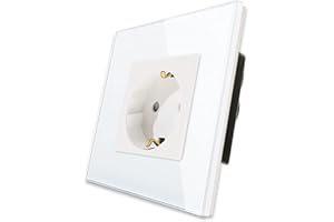 CNBINGO Single Socket 16 Amp con panel de vidrio endurecido Blanco, protección infantil, material de fuego de fuego, enchufe Schuko estándar