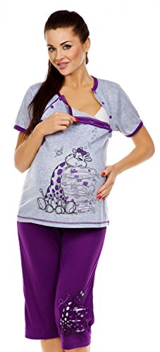 Zeta Ville - Women's Maternity Nursing Pyjamas Soft Jersey Cartoon Print - 202c (Purple, UK 8)
