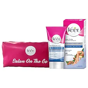 Veet Hair removal cream- Sensitive skin-50 gm &?Full Body Waxing Kit Easy-Gelwax Technology Sensitive Skin - 20 Strips with free Veet?Glow It Girl pouch