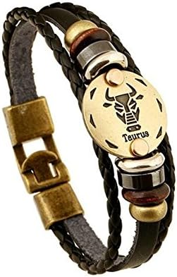Jiedeng Unisex Leather Bracelet Punk Alloy Genuine Leather Bracelet Multi-layer Wrap Handmade Braided Wrist Cuff Band Bracelet with Taurus Surfer Wristband Wrap Bracelet for Men/Women Black Gold