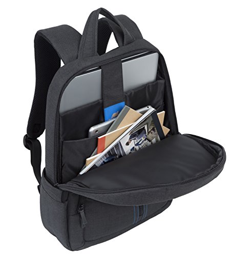 RIVACASE Notebook Rucksack bis 15.6“ – Stilvolle Tasche aus wasserabweisenden Material und extra verstärkten Seiten – Schwarz - 2